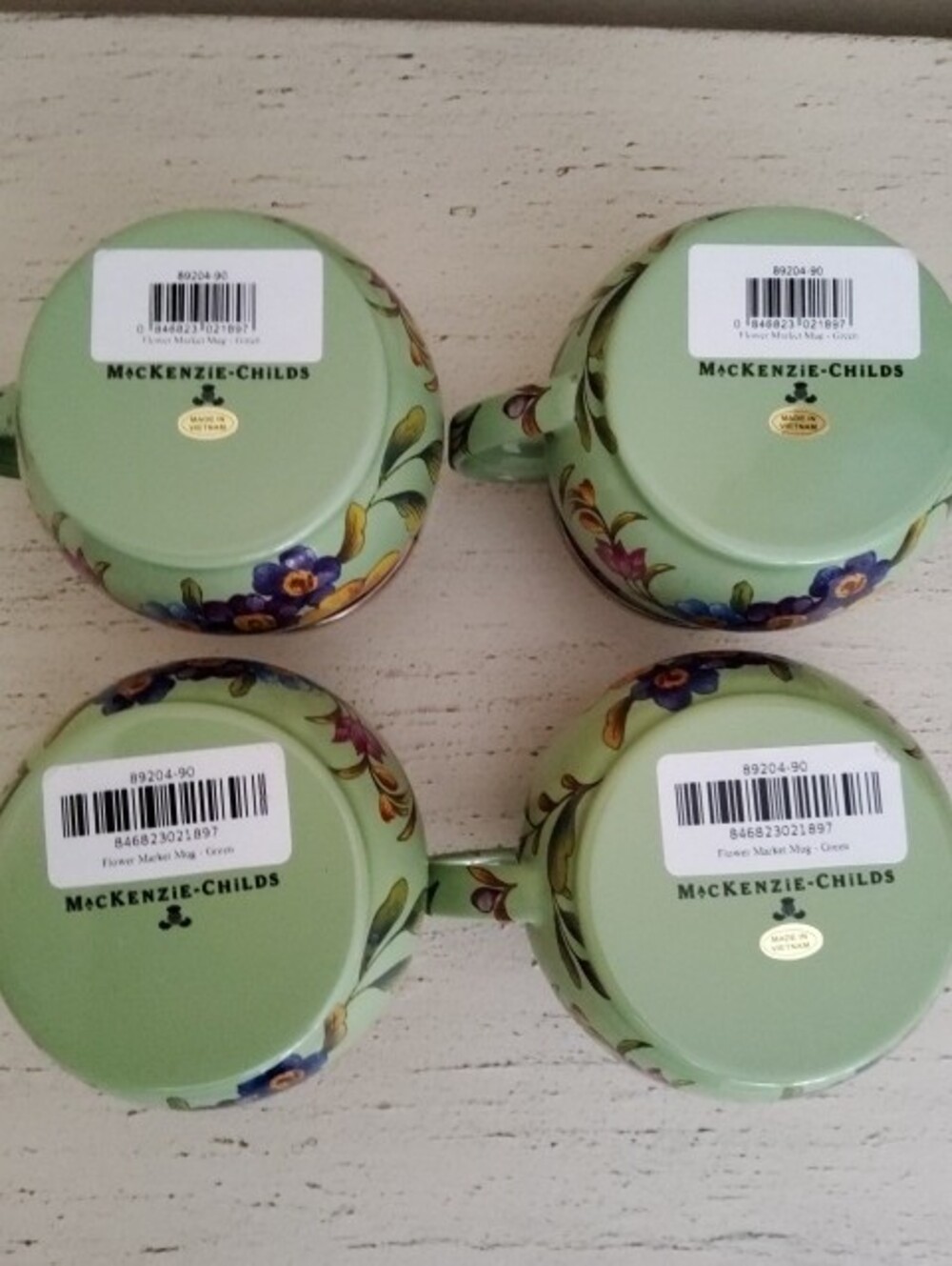 MacKenzie-Childs Green Flower Market Mugs with Gold Trim - Set of 4 - Picture 2 of 2